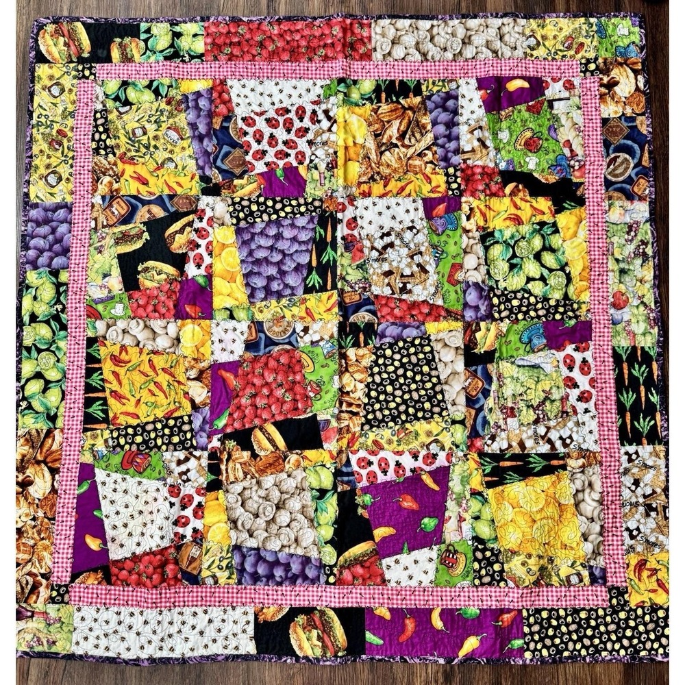VTG Y2K Handmade N‎ Carolina Quilt 50x50 Lap Blanket Bright Colors Food Theme - Picture 2 of 9